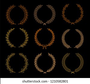 Vector laurel autumn wreaths on black background. Set of foliate award wreath for cinema festival,posters, award, nominations, congratulations.Vector illustration.