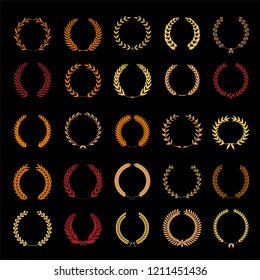 Vector laurel autumn wreaths on black background. Set of foliate award wreath for cinema festival,posters, award, nominations, congratulations.Vector illustration.