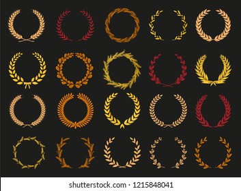 Vector laurel autumn wreaths on black background. Set of foliate award wreath for cinema festival,posters, award, nominations, congratulations.Vector illustration.