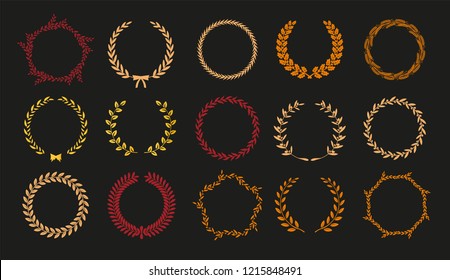 Vector laurel autumn wreaths on black background. Set of foliate award wreath for cinema festival,posters, award, nominations, congratulations.Vector illustration.