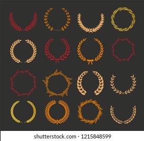 Vector laurel autumn wreaths on black background. Set of foliate award wreath for cinema festival,posters, award, nominations, congratulations.Vector illustration.