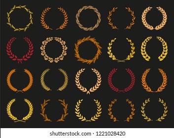 Vector laurel autumn wreaths on black background. Set of foliate award wreath for cinema festival,posters, award, nominations, congratulations.Vector illustration.