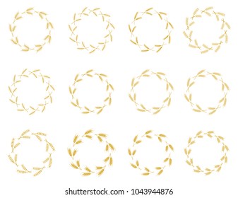 Vector Laurel Wreath Flora theme on a white background set. Collection of different black and white silhouette circular laurel foliate, wheat and oak wreaths depicting an award, achievement, heraldry.