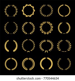 Vector laurel wreath flora theme on black background set. Gold award wreaths on black background.