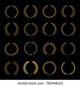 Vector laurel wreath flora theme on black background set. Gold award wreaths on black background.