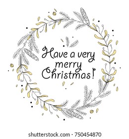 Vector laurel wreath made with hand drawn native branches and elements with lettering congratulation isolated on white background. Good for merry christmas and happy new year cards and banners design.