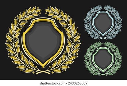 Vector Laurel Wreath Set, collection of 3 isolated illustrations decorative emblems with round laurel wreath with blank copy space, group of variety old emblem templates for text on dark background