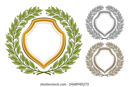 Vector Laurel Wreath Set, collection of 3 isolated illustrations decorative old crests with circle laurel wreath with copy space, group of various medieval crest layouts for text on white background