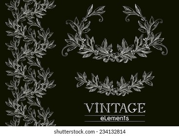 Vector laurel wreath. Vector set of ornate  elements on black background at engraving style. 