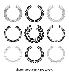 Vector laurel wreaths collection. Black monochrome wreaths isolated on white.