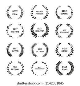 Vector laurel wreaths on white background. Set of foliate award wreath for cinema festival.Vector illustration.