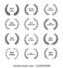 Vector laurel wreaths on white background. Set of foliate award wreath for cinema festival.Vector illustration.