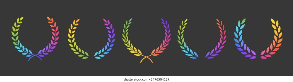 Vector laurels collection. Laurel wreath silhouettes. Bright color frames set. Rainbow gradient. Trophy award, winner emblem