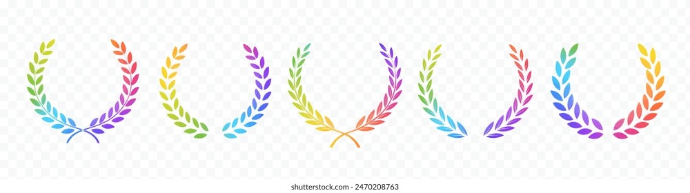 Vector laurels set. Multi colored laurels branches. Laurel wreath gradient silhouette. Trophy award, winner emblem