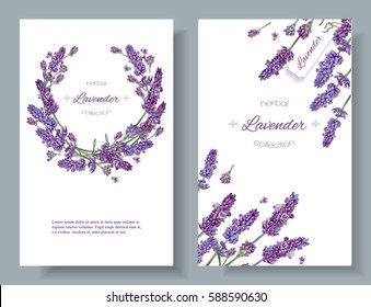Vector lavender flower banners on white. Design for natural cosmetics, beauty store, health care products, perfume, essential oil, aromatherapy. Can be used as greeting card or wedding invitation