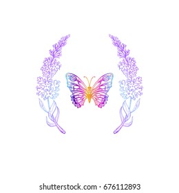 Vector lavender flower round frame on white background with butterfly. Design for natural cosmetic, health care products, perfume. Can be used as greeting card or wedding invitation.
