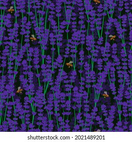 Vector lavender flowers with bee on dark background. Seamless pattern. For textile, wallpapers, web page backgrounds. 