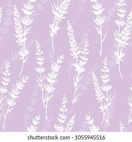 Vector lavender flowers light purple silhouettes seamless pattern. Beautiful violet lavender retro background. Elegant fabric on light background