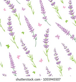 Vector lavender flowers purple green silhouettes seamless pattern. Beautiful violet lavender retro background. Elegant fabric on light background