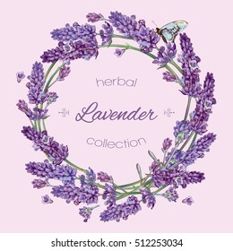 Vector lavender flowers wreath banners on lilac background. Design for cosmetics, make up, store, beauty salon, natural and organic products, health care products, aromatherapy. With place for text