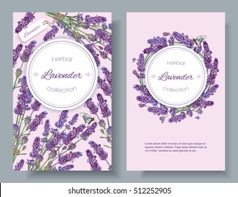 Vector lavanda natural banners verticais cosméticos em fundo lilás. Design para cosméticos, maquiagem, salão de beleza, produtos naturais e orgânicos, produtos de saúde, aromaterapia. Com lugar para texto