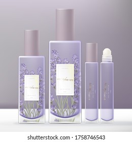Vector Lavender Violet Perfume Glass Bottle Packaging Set with Roll on Fragrance Oil Glass Tube svg