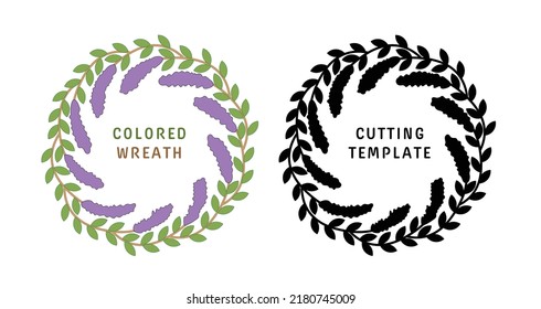 Vector lavender wreath with lavender flowers, for plotter laser cutting of paper, cardboard, plywood, wood carving with colored editable example. Isolated leaves with lavender flowers.