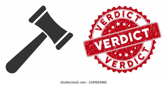 Vector law hammer icon and rubber round stamp seal with Verdict caption. Flat law hammer icon is isolated on a white background. Verdict seal uses red color and rubber design.