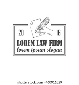 vector law office logo with hand and feather. EPS