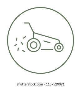 Vector lawn mower icon with trendy line art style. Mowing grass linear sign, Gardening tools emblem for Landscaping design company isolated on a white background. Hand lawn mower gardening thin line.
