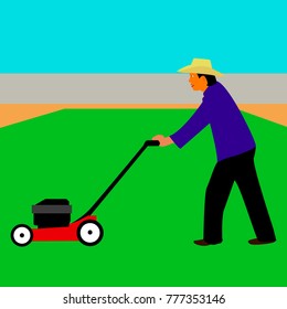 Vector, lawn mower man work, mows a green grass on a lawn.