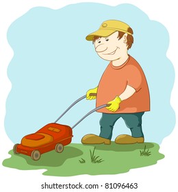 Cartoon Man Mowing His Lawn Grass Stock Vector (Royalty Free) 78080185