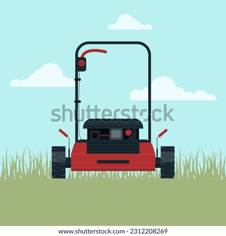 Vector lawn mower on the grass front view against the sky with clouds.