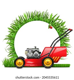 Vector Lawn Mower with Round Grass Frame isolated on white background