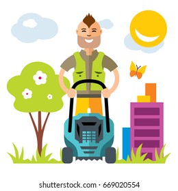 Vector Lawnmower. Man with lawn mower. Flat style colorful Cartoon illustration.