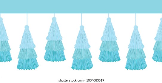 Vector Layered Blue Decorative Tassels Set Horizontal Seamless Repeat Border Pattern. Great for handmade cards, invitations, wallpaper, packaging, nursery designs.