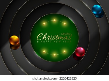 Vector layered Christmas abstract luxury greeting card. 3D circle papercut layer glossy black background golden line. Metallic ball orbit around gold merry Christmas and happy new year green center