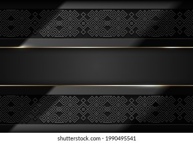 Vector layered glossy black background with engraved scandinavian pattern. Luxury ethnic geometric pattern in norwegian style. Slavic design golden line. Viking epic luxury impression