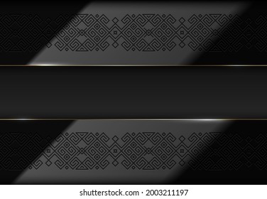 Vector layered glossy black background with scandinavian pattern. Luxury ethnic geometric pattern in norwegian style. Slavic design golden line. Viking epic luxury impression