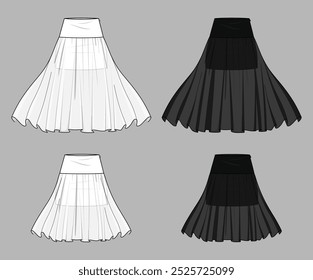 Vetor camadas saia midi moda CAD, mulher tule saia flamejada com reunião desenho técnico, modelo, plano, esboço. 2 pcs conjunto de saia de malha com frente, vista traseira, preto branco