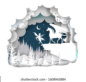 Vector layered paper cut craft style fairytale composition of mythical Pegasus with cute small fairy silhouettes, night starry sky.