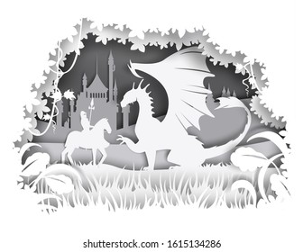 Vector layered paper cut craft style fairytale composition of medieval knight fighting huge dragon silhouettes.