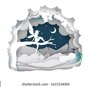 Vector layered paper cut craft style fairytale composition of cute magical fairy silhouette sitting on tree branch, night starry sky.