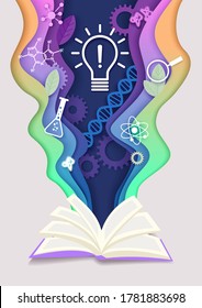 Vector layered paper cut craft style open book with innovation light bulb, dna helix, lab flask, other education and science symbols. Education and science learning concept creative composition.