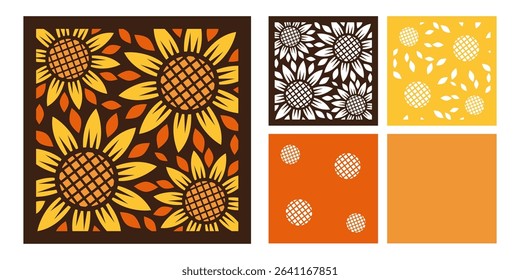 Vector layered paper cut design with sunflowers. Floral 3D shadow box or tunnel card . Summer template for paper cutting with flowers