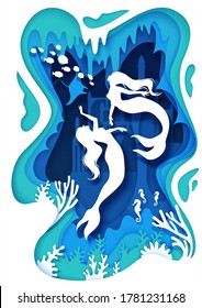 Vector Layered Paper Cut Fairytale Composition. Deep Ocean Bottom Landscape And Two Mermaids Swimming Together With Fishes, Manta Rays, Sea Horses. Beautiful Fairytale Scene In White And Blue Colors.