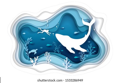 Vector layered paper cut style underwater sea cave with coral reef fish seaweed, aquatic turtle, huge whale and diver silhouettes. Scuba diving concept for web banner, website page etc.