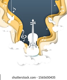 Vector layered paper cut style music background with violin musical instrument, music notes, treble clef and doves. Musical poster design template with copy space for classical music concert.