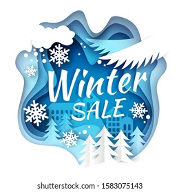 Vector layered paper cut style winter city scenery with snowy trees, buildings, snowflakes. Winter sale creative hand lettering typography. Seasonal winter sale composition for banner, poster etc.