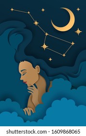 Vector layered paper cut style starry night sky with Great Bear constellation, crescent moon and portrait of beautiful woman with closed eyes. Sweet dreams concept for card, banner, flyer, poster etc.